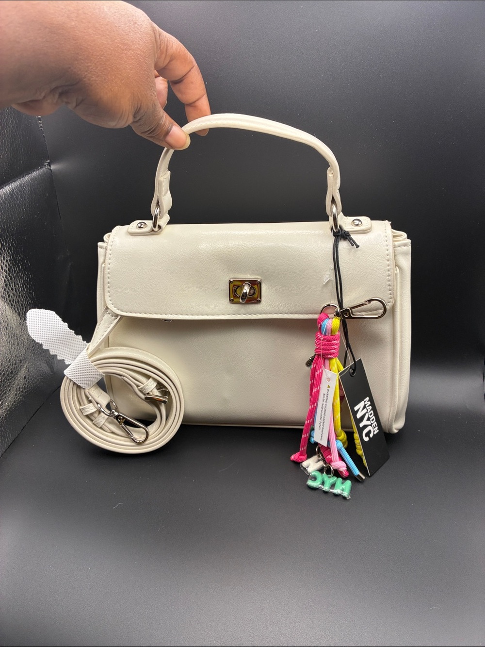Cream Satchel Handbag with Top Handle and Detachable Strap